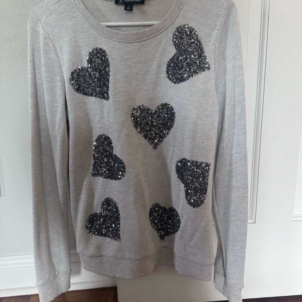 Inc lightweight white sweater with silver sequin heart